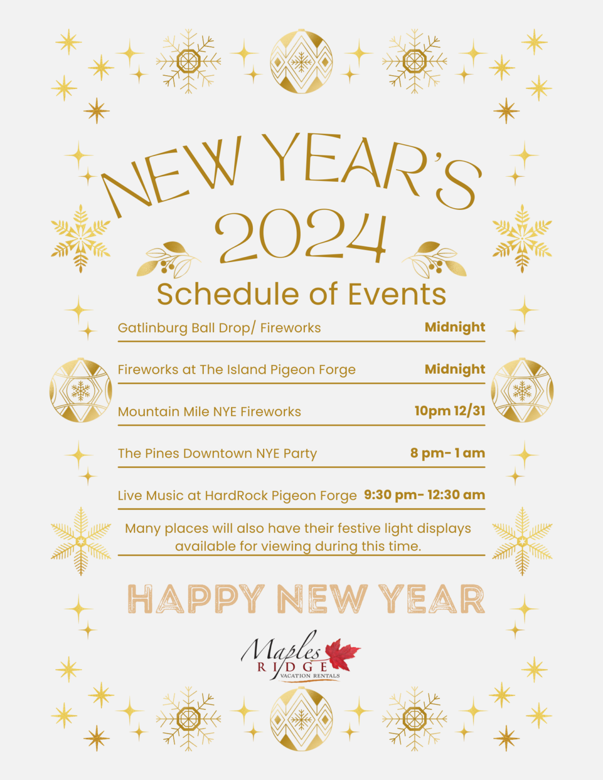 Pigeon Gatlinburg New Year's Eve Schedule Maples Ridge Cabin